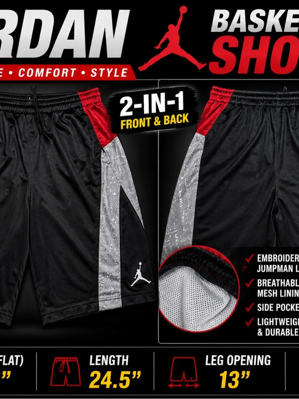 Jordan Men’s Black, Red & Gray Athletic Basketball Shorts